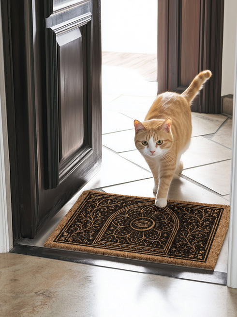 A rectangular, natural brown coir doormat with a non-slip black vinyl backing, viewed from directly above. The mat is made of textured coconut fiber. The design features intricate black line art in a Victorian Gothic and Art Nouveau style. In the center is an All Seeing Eye, or Eye of Providence, enclosed within a radiant starburst and a mandala-like floral pattern. This central motif is set inside an arched frame. The corners and sides are adorned with symmetrical, flowing botanical vines.